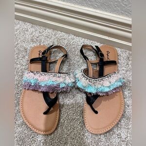 Qupid Black and Pastel Fringe Sandals